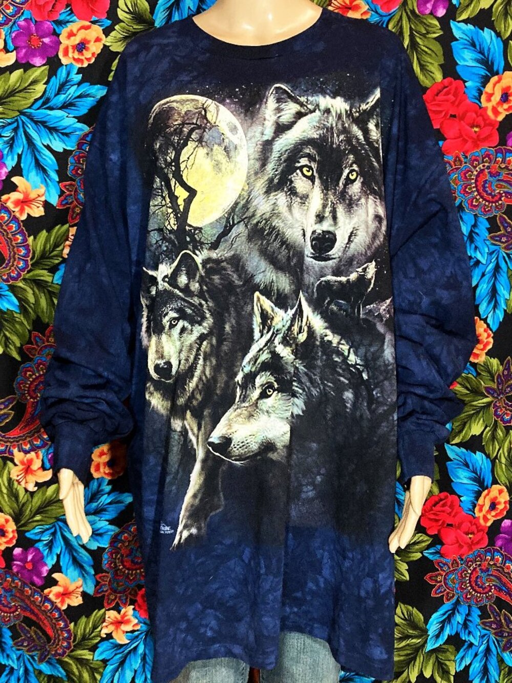 MEN'S THE MOUNTAIN SHIRT LONG SLEEVE FULL MOON WOLF ART SIZE 2XL (VERY LONG)
